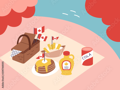Canadian Picnic Spread: A charming illustration of a Canadian-themed picnic featuring maple syrup pancakes, french fries, and a cola drink, adorned with Canadian flags on a blanket outdoors.