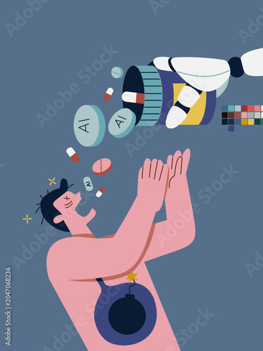 AI Dependency: A person succumbs to the overwhelming force of AI, as a robotic arm dispenses an avalanche of pills and capsules, each marked with AI, into an outstretched hand.