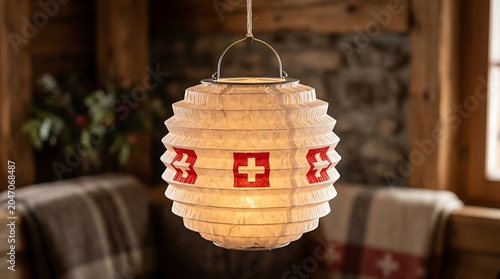 Glowing Swiss Paper Lantern in a Rustic Cabin Interior