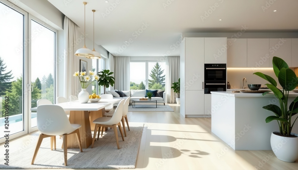 Fototapeta premium Bright white apartment with modern dining set, open-plan living space , house, airy, modern