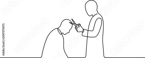Schilderij op canvas One line art tahalul umroh hajj hair cutting ritual with scissors vector for isl