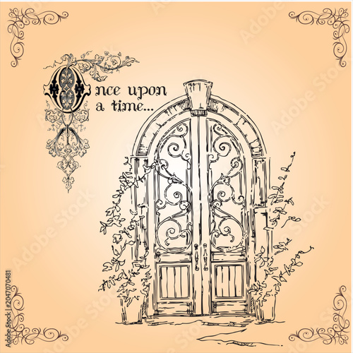 Quadro su tela Vintage Fairy Tale Door Illustration with “Once Upon a Time” Typography, Storybo