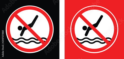No diving sign, separated on a white background. No jumping into the water sign, black background and red background.
