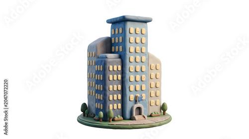 3D cartoon-style urban apartment building with trees and pathway