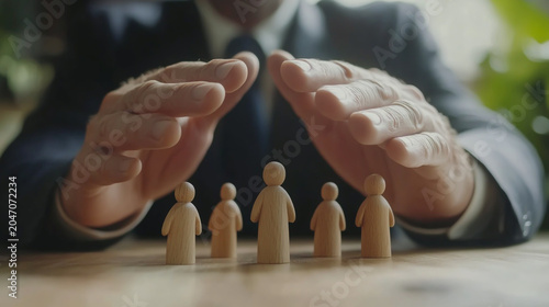 Corporate executive hands protecting a small group of wooden people figures on a workspace symbol of team management and care protection management