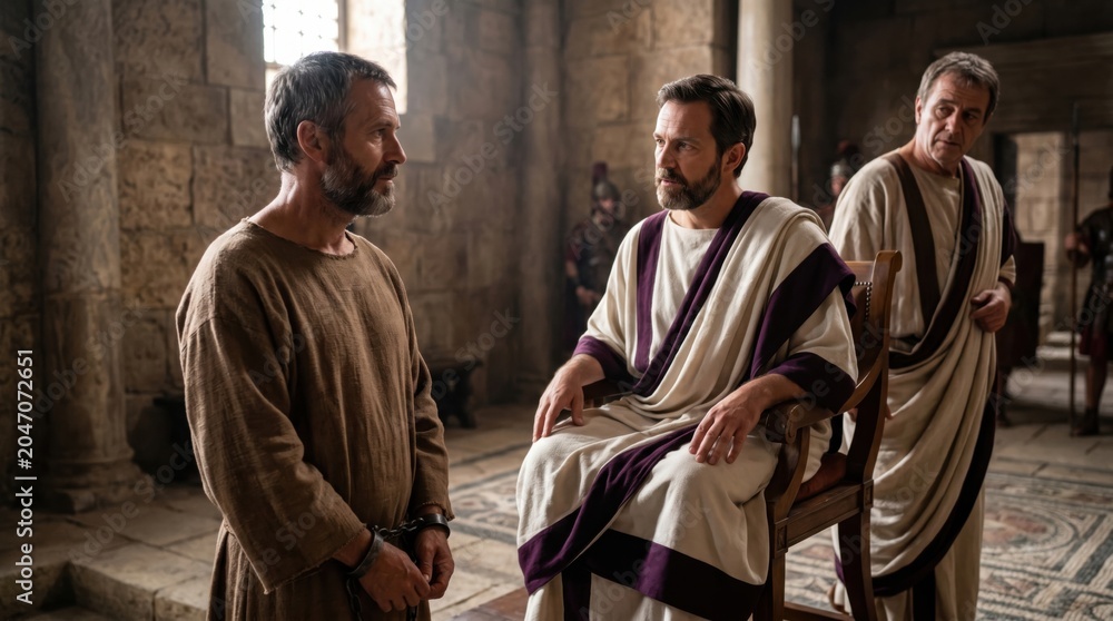 Fototapeta premium Apostle Paul in chains standing before Roman governor Felix in palace. Biblical scene from Acts of the Apostles. Historical drama recreation of ancient trial and imprisonment justice.