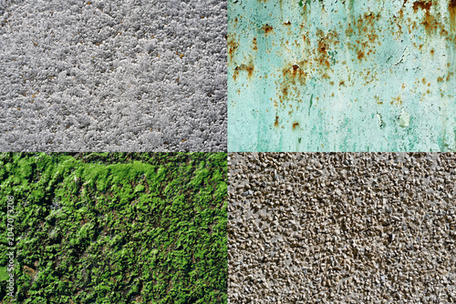 Detailed texture pack 4 in 1: old grunge grey asymmetric decorative tiles, old painted cyan rusty wall, green swamp surface macro, stones gravel macro