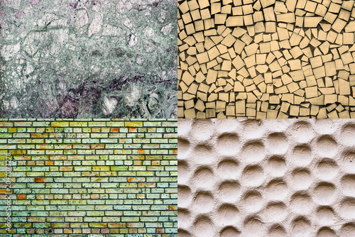 Detailed photo texture pack 4 in 1: natural marble slab macro, cream asymmetric decorative tiles, wall plastered in form of honeycombs, green multicolored brick wall