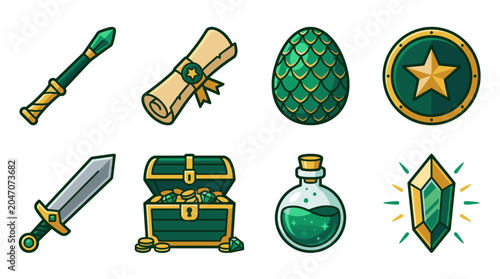 Pixel art set of fantasy game items including a magic staff, treasure map, dragon egg, shield, sword, chest, potion, and emerald crystal