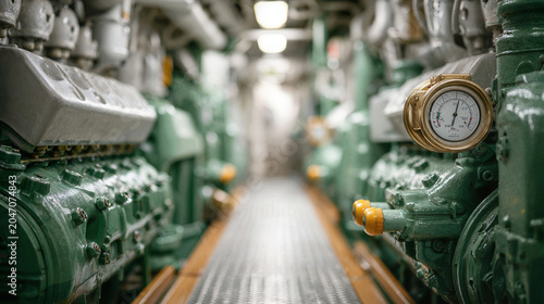 Massive ship engine room with rows of powerful diesel engines and gauges