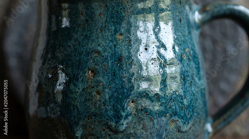 Artistic Ceramic Mug with Blue Green Glaze Textured Surface on Dark Background