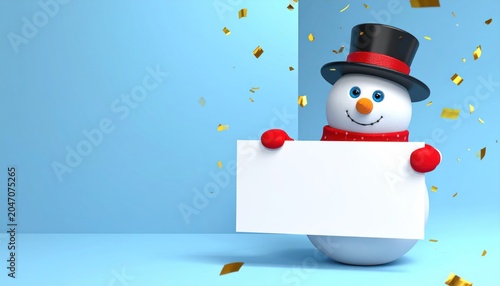 Happy Snowman Holding Blank Sign with Confetti - Christmas Holiday Celebration