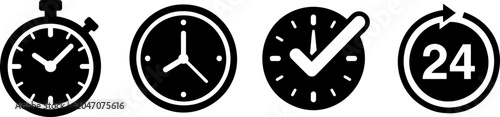 Set of time and clock icons, including stopwatch, wall clock, time management, and 24 hours service symbols
