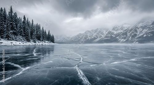 Frozen lake with deep ice cracks surrounded by snowy pine forest and mountains under cloudy sky.
