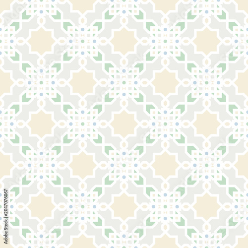 Islamic geometric seamless pattern with pastel arabesque ornaments