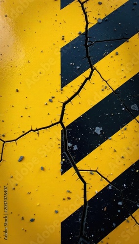 Cracked yellow paint, black hazard stripes, gritty surface, urban scene , yellow, symbol
