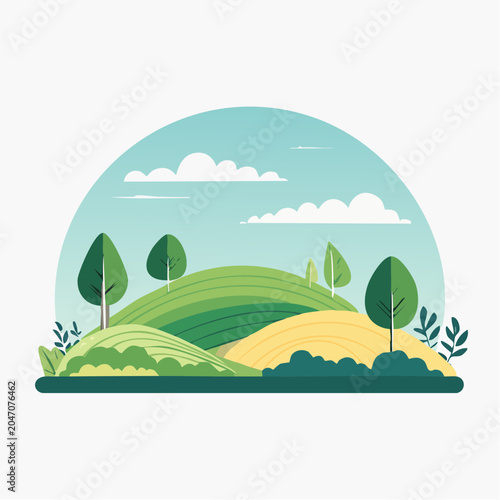 Stylized illustration of rolling green hills and fields under a blue sky