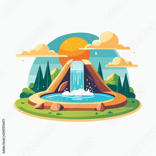 Stylized Waterfall and Sun Illustration