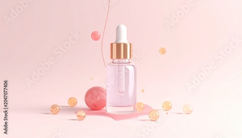 Luxury cosmetic serum bottle with dropper and pink liquid, surrounded by glossy spheres on a pastel pink background.