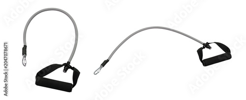 Foto Two cable handles on white background, rubber grips with metal carabiners, flexi