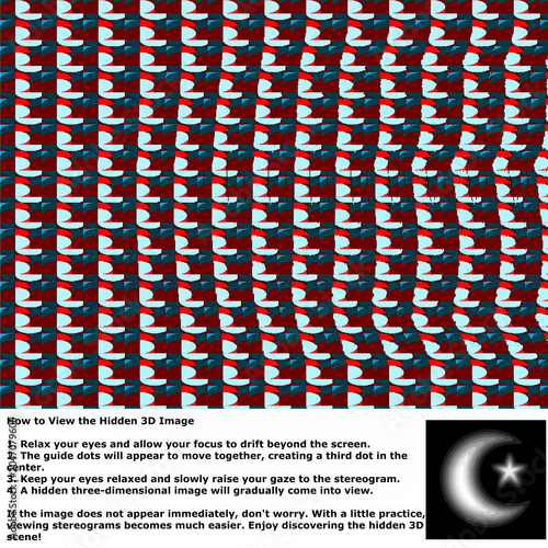 Photography Hidden 3D puzzle with moon and star, instructions for viewing, abstract pattern