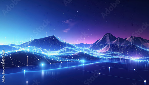 Vast Digital Network Landscape with Glowing Connections Over Mountains at Dusk