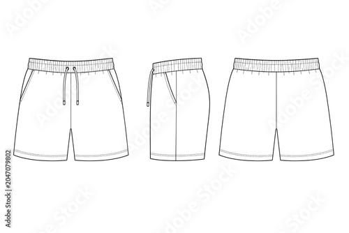 Men's shorts technical drawing vector illustration, front, side, and back view fashion flat sketch mockup