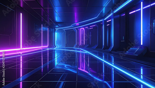 Futuristic Neon Corridor with Purple and Blue Lights Reflecting on a Glossy Floor