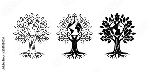 Schilderij op canvas Earth Tree Icons, Global Growth Symbol, Nature Roots Vector Art