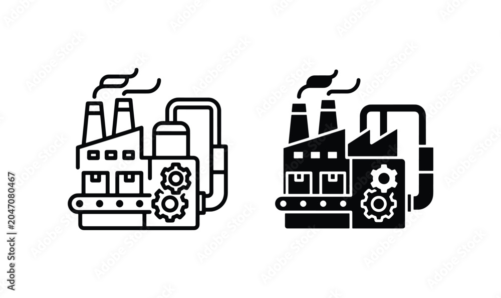 Naklejka premium Factory Icons, Industrial Production, Manufacturing Plant, Conveyor Belt, Gears, Smoke Stack, Vector Art