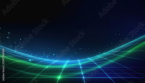 Abstract Digital Grid Landscape with Glowing Blue and Green Lines and Particles
