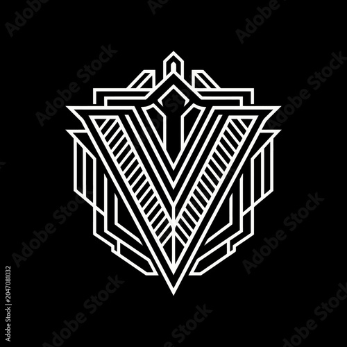Art Deco geometric letter V crest emblem on black.