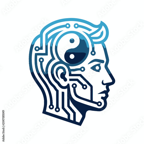 Artificial intelligence human head with circuit and yin yang.