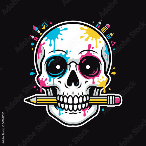 Artistic human skull with colorful paint splashes and pencils.