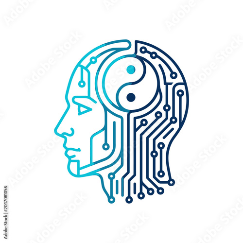 Artificial intelligence human head logo with circuit and yin-yang.