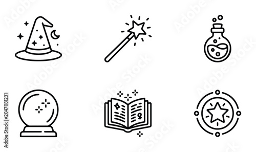 Cuadro en lienzo Magic Icons Set: Wizard Hat, Wand, Potion, Crystal Ball, Spellbook, Enchanted St