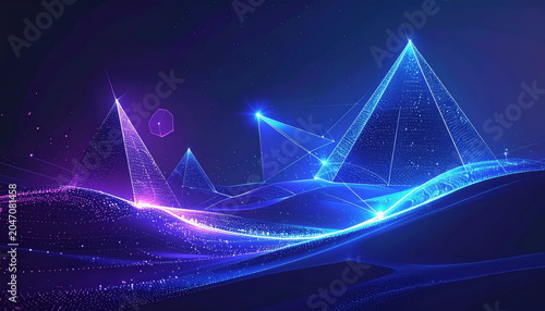 Abstract digital landscape of glowing blue and purple geometric mountains with network