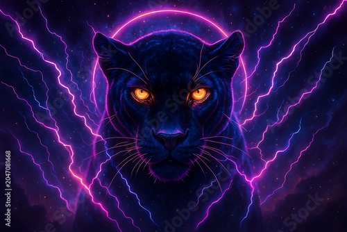 Neon Black Panther Portrait with Glowing Orange Eyes and Electric Purple Lightning in Cosmic Background Powerful Wildlife Fantasy Illustration