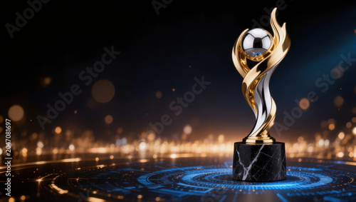 Soccer trophy on marble base with golden ribbon, glowing stadium lights and blue digital floor