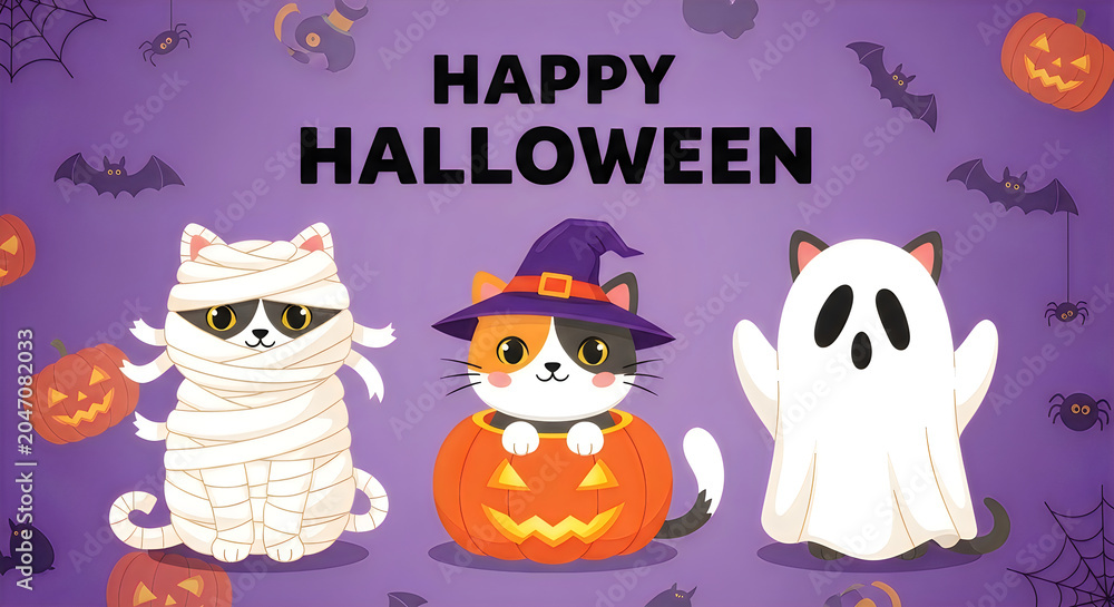 Fototapeta premium Happy Halloween illustration with cute cats dressed in costumes and pumpkins on a purple background
