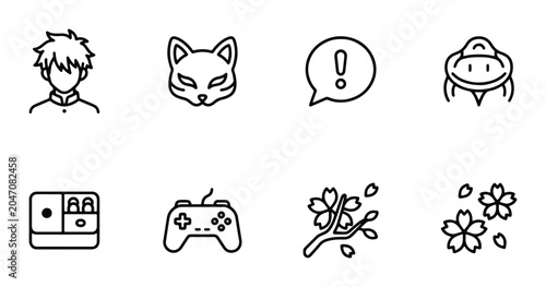 Anime Manga Icons, Japanese Culture Symbols, Gaming Controller, Cherry Blossom Vector Set