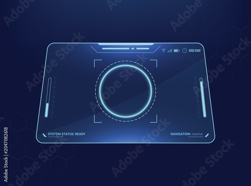 Futuristic HUD interface screen display on a dark blue background with subtle honeycomb patterns. glowing neon circular scanner, system status indicators