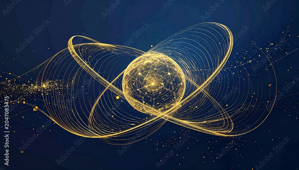 Obraz premium A luminous golden sphere surrounded by glowing swirling orbital rings of light on a deep dark blue background representing scientific innovation.
