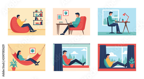 Set of illustrations depicting people working remotely on laptops in various home environments such as desks and hammocks.
