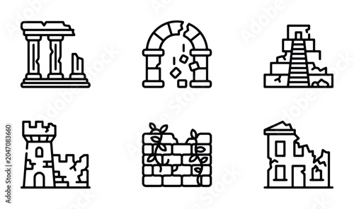 Photos Ancient Ruins Icons, Destroyed Buildings Vector Set, Historical Architecture Sym