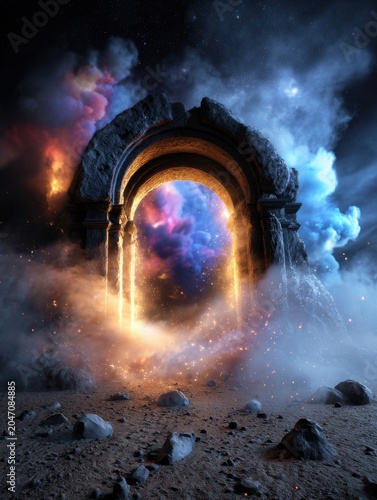 A glowing ancient stone portal activated with magical energy