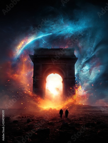 A glowing ancient stone portal activated with magical energy