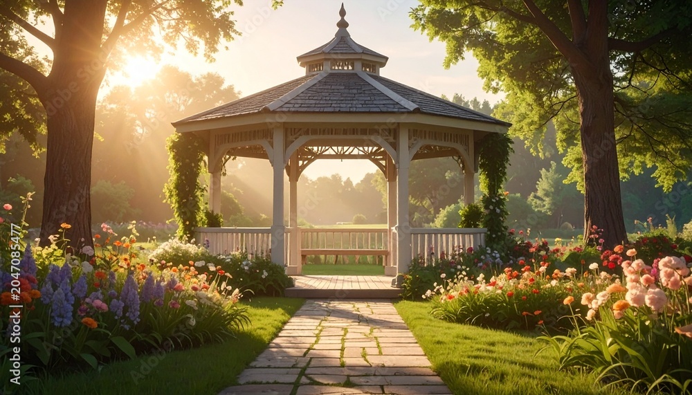 Fototapeta premium A beautiful wooden gazebo nestled in a peaceful summer garden with vibrant colorful flowers and soft golden sunset light rays shining down.