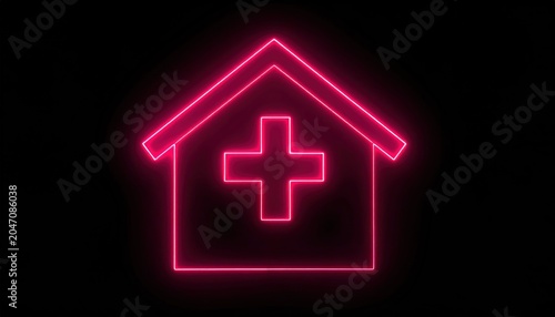 Neon pink hospital building with cross symbol on black background