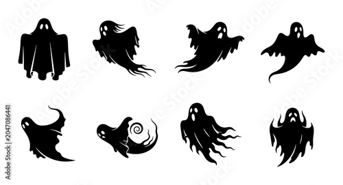 Картината върху платно Spooky Halloween Ghosts Vector Icons, Eerie Spirits Collection, Black Silhouette